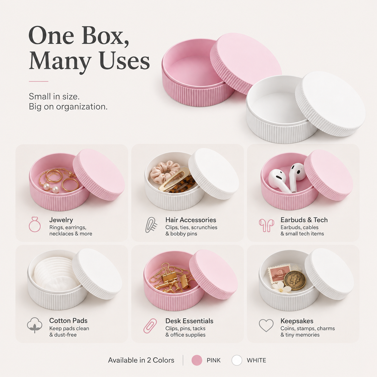 A promotional graphic for a small round storage box set shown in pink and white. The top section shows the box open with several compartments visible, and the bottom section displays six usage examples including jewelry, hair accessories, earbuds, cotton pads, desk essentials, and keepsakes.