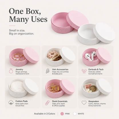 A promotional graphic for a small round storage box set shown in pink and white. The top section shows the box open with several compartments visible, and the bottom section displays six usage examples including jewelry, hair accessories, earbuds, cotton pads, desk essentials, and keepsakes.