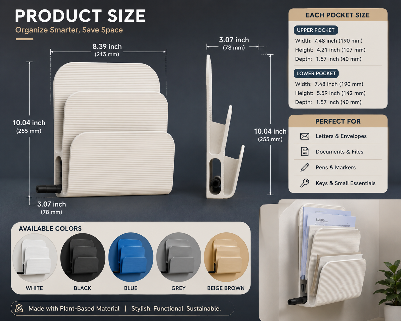 Product size and capacity infographic for a plant pot holder. The image shows the pot holder in multiple colors (white, black, blue, grey, beige brown) with detailed dimensions for the upper and lower pockets, a list of what it is perfect for, and a lifestyle image of it mounted on a wall next to a plant.