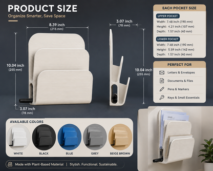Product size and capacity infographic for a plant pot holder. The image shows the pot holder in multiple colors (white, black, blue, grey, beige brown) with detailed dimensions for the upper and lower pockets, a list of what it is perfect for, and a lifestyle image of it mounted on a wall next to a plant.