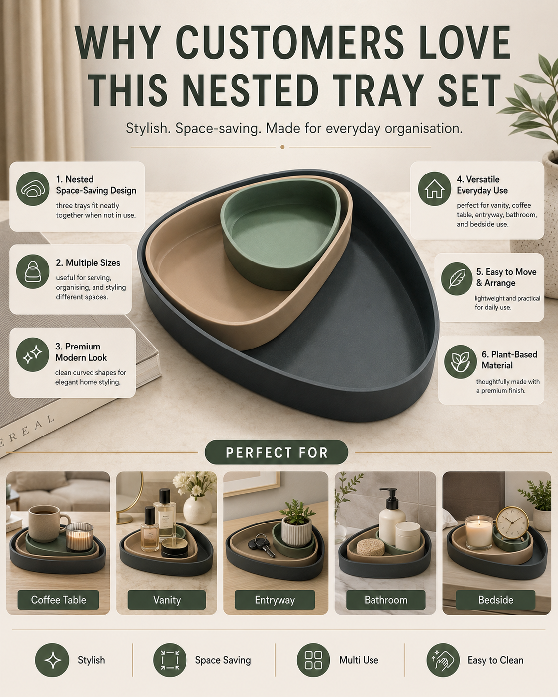 A promotional infographic for a four-tier nested tray set. The main product shown is the set of nested trays in black, beige, and sage green, with text overlays explaining the benefits of the product.