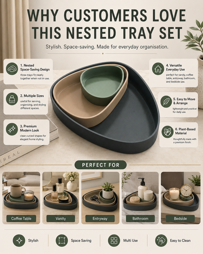 A promotional infographic for a four-tier nested tray set. The main product shown is the set of nested trays in black, beige, and sage green, with text overlays explaining the benefits of the product.