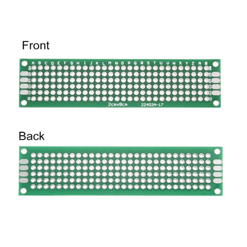 Double sided PCB perf board stripboard prototyping circuit board for electronics DIY projects, Arduino and Raspberry Pi soldering applications, universal dual layer prototype PCB board pack of 5 on white background