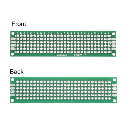 Double sided PCB perf board stripboard prototyping circuit board for electronics DIY projects, Arduino and Raspberry Pi soldering applications, universal dual layer prototype PCB board pack of 5 on white background
