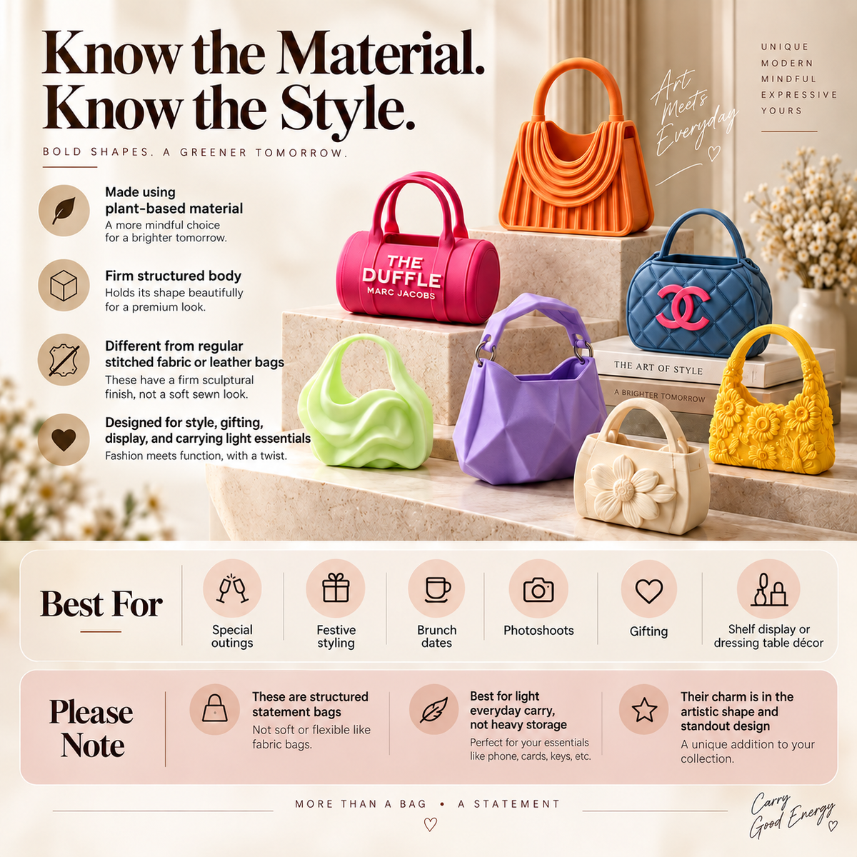 A promotional infographic for structured leather or fabric handbags, featuring multiple colorful handbags in pink, orange, green, purple, and blue arranged on a tabletop with text callouts about material, shape, and care. The layout includes a large headline, feature icons, a 'Best For' section, and a 'Please Note' panel.