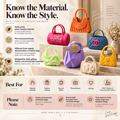 A promotional infographic for structured leather or fabric handbags, featuring multiple colorful handbags in pink, orange, green, purple, and blue arranged on a tabletop with text callouts about material, shape, and care. The layout includes a large headline, feature icons, a 'Best For' section, and a 'Please Note' panel.