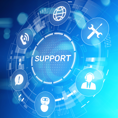 Digital support icons around a central “Support” button on a blue tech background