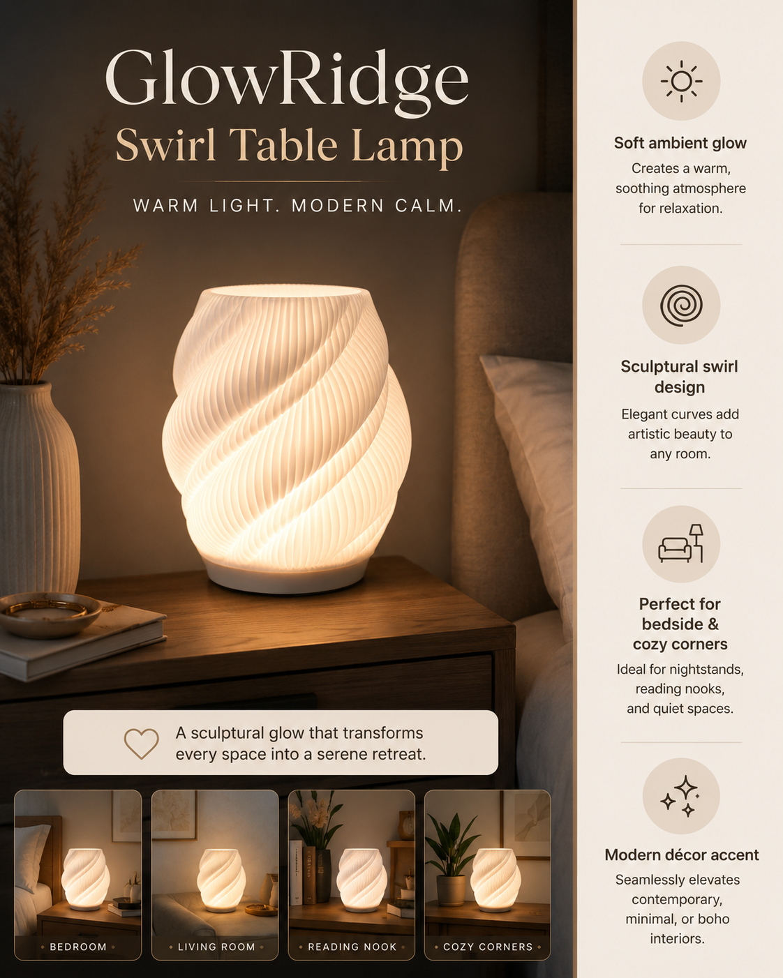 GlowRidge Swirl Table Lamp shown lit on a wooden table in a styled interior scene, with product text and feature callouts along the right side. The lamp has a sculptural ribbed swirl shape and emits a warm white glow.