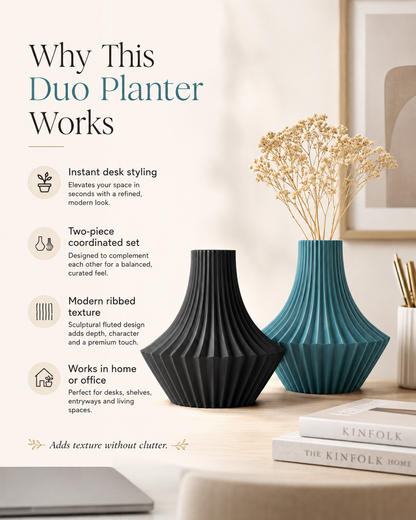 Two modern ribbed ceramic planters in matte black and teal blue, styled with dried flowers on a tabletop in a softly lit interior setting. Text on the left explains the benefits of the duo planter set.
