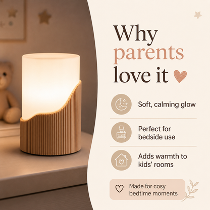 A warm white cylindrical bedside lamp with a ribbed tan base sits on a shelf in a softly styled room. The right side features marketing text reading 'Why parents love it' with bullet points about soft glowing light, suitability for bedside use, and warmth for kids' rooms.