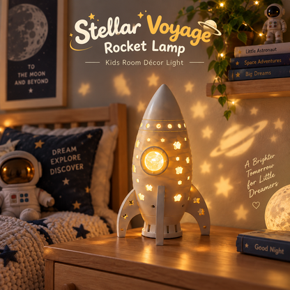 A rocket-shaped kids room decor light glowing on a wooden nightstand in a bedroom. The lamp has a white body with star-shaped cutouts and a warm yellow light inside, casting star-like shadows on the wall.