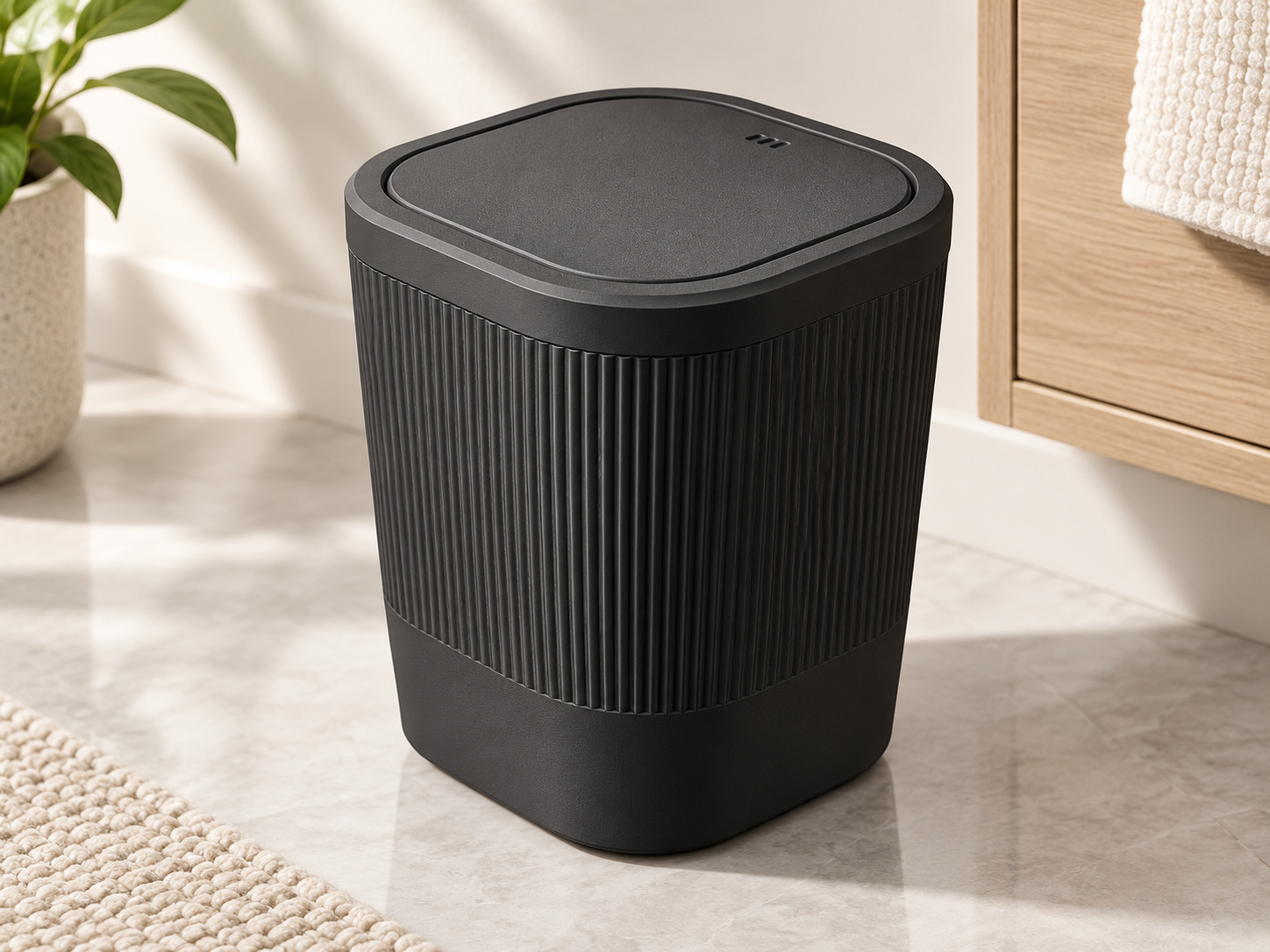 A matte black automatic with a ribbed cylindrical body and a smooth lid, shown in a modern bathroom setting next to a wooden vanity.