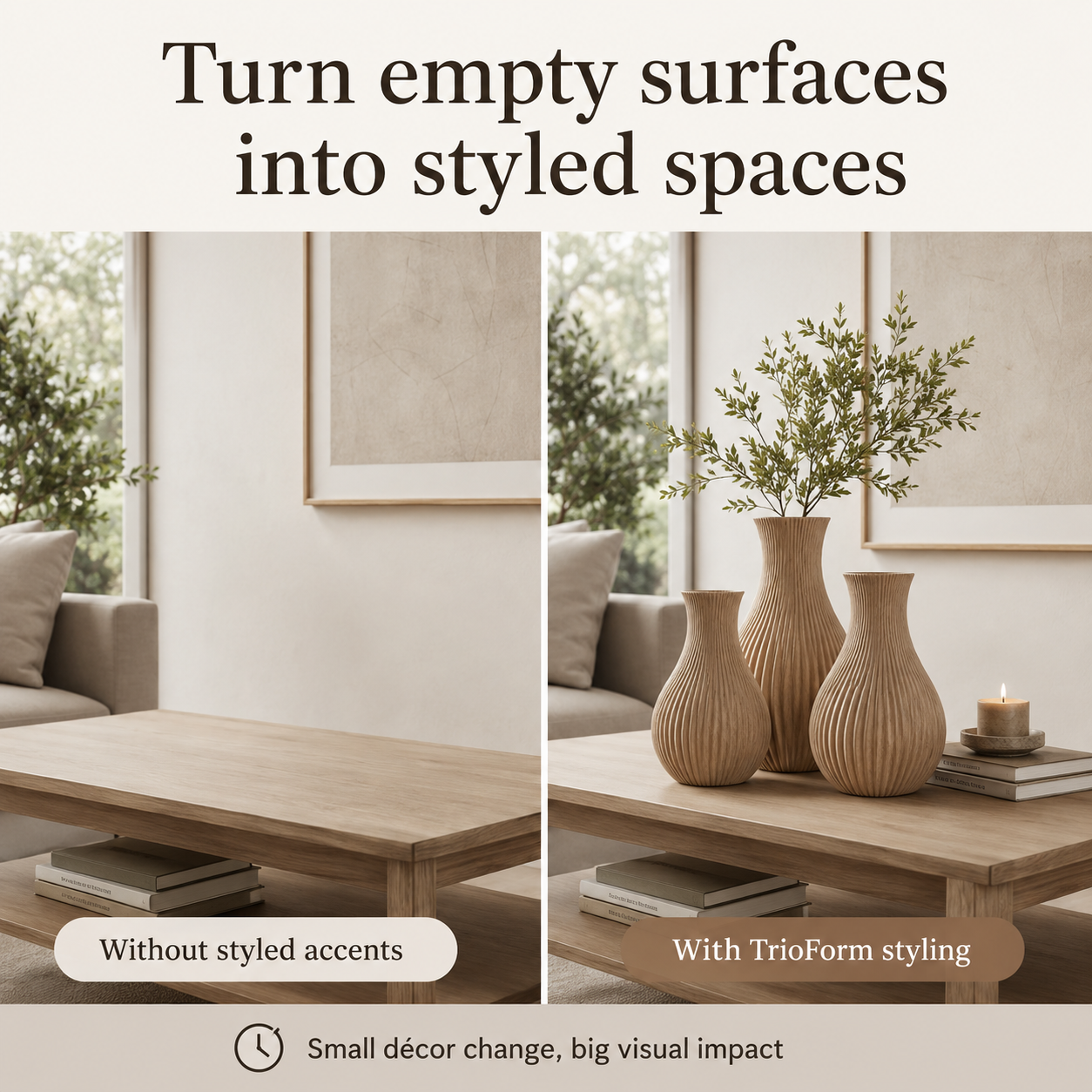 A promotional comparison graphic showing a wooden coffee table in a styled living room. The left panel is labeled 'Without styled accents' and shows the table against a mostly empty wall.