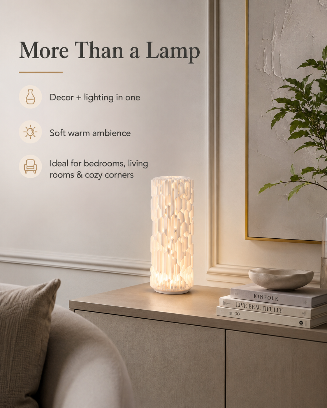 A tall textured lamp with a warm glowing light sits on a light wood sideboard in a styled room. Text on the left reads 'More Than a Lamp' with bullet points about decor, lighting, and ambient use.