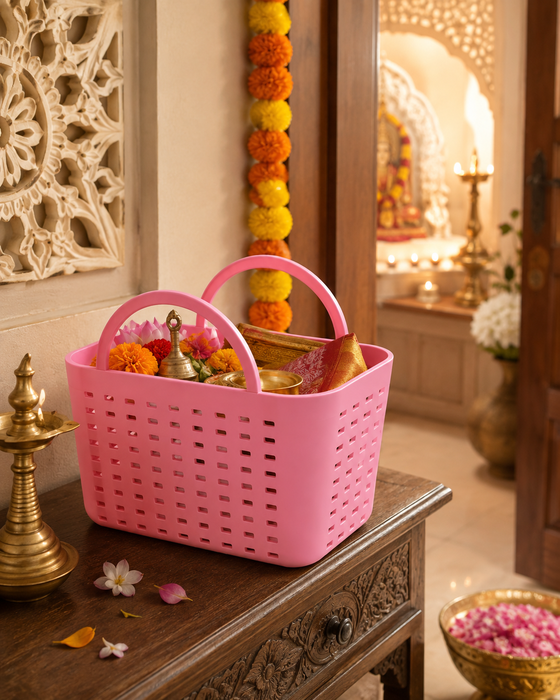 A pink plastic basket filled with colorful marigold garlands and ceremonial items, placed on a carved wooden table in a decorated indoor setting with warm lighting.