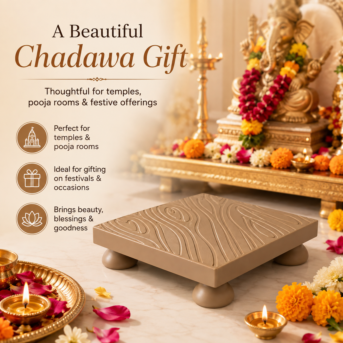 A beige wooden chadava (offerings platform) displayed in a beautifully decorated temple setting with marigolds, oil lamps, and a golden idol in the background. The image includes promotional text highlighting its suitability for temples, pooja rooms, and festive occasions.