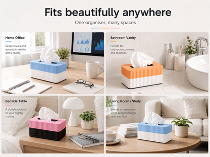 A promotional collage showing four tissue box covers in different colorways placed in home settings: a blue-and-white version at a desk, an orange-and-white version at a bathroom counter, a pink-and-black version at a bedside table, and a blue-and-white version on a round table in a living room. Text at the top reads 'Fits beautifully anywhere' and 'One organiser, many spaces.