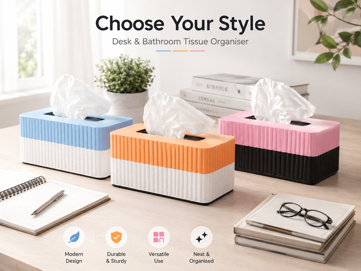 Three ribbed rectangular tissue box organizers in blue/white, orange/white, and pink/black are arranged on a desk with tissues inserted. The scene includes books, a notebook, glasses, and a small plant, with the text 'Choose Your Style' at the top and feature icons along the bottom.