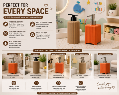 An infographic banner showcasing an orange and black pump dispenser in various home environments, including a bathroom vanity, kitchen sink, kids' bathroom, and utility area. The graphic features text overlays highlighting the dispenser's features such as 'Moodin & Aesthetic', 'Easy to Refill & Clean', and 'Beautifully Fits into Every Corner of Your Home'.