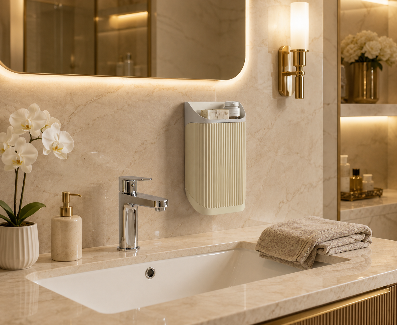 Bathroom toothbrush and toothpaste holder with flip-open storage on a plain grey background