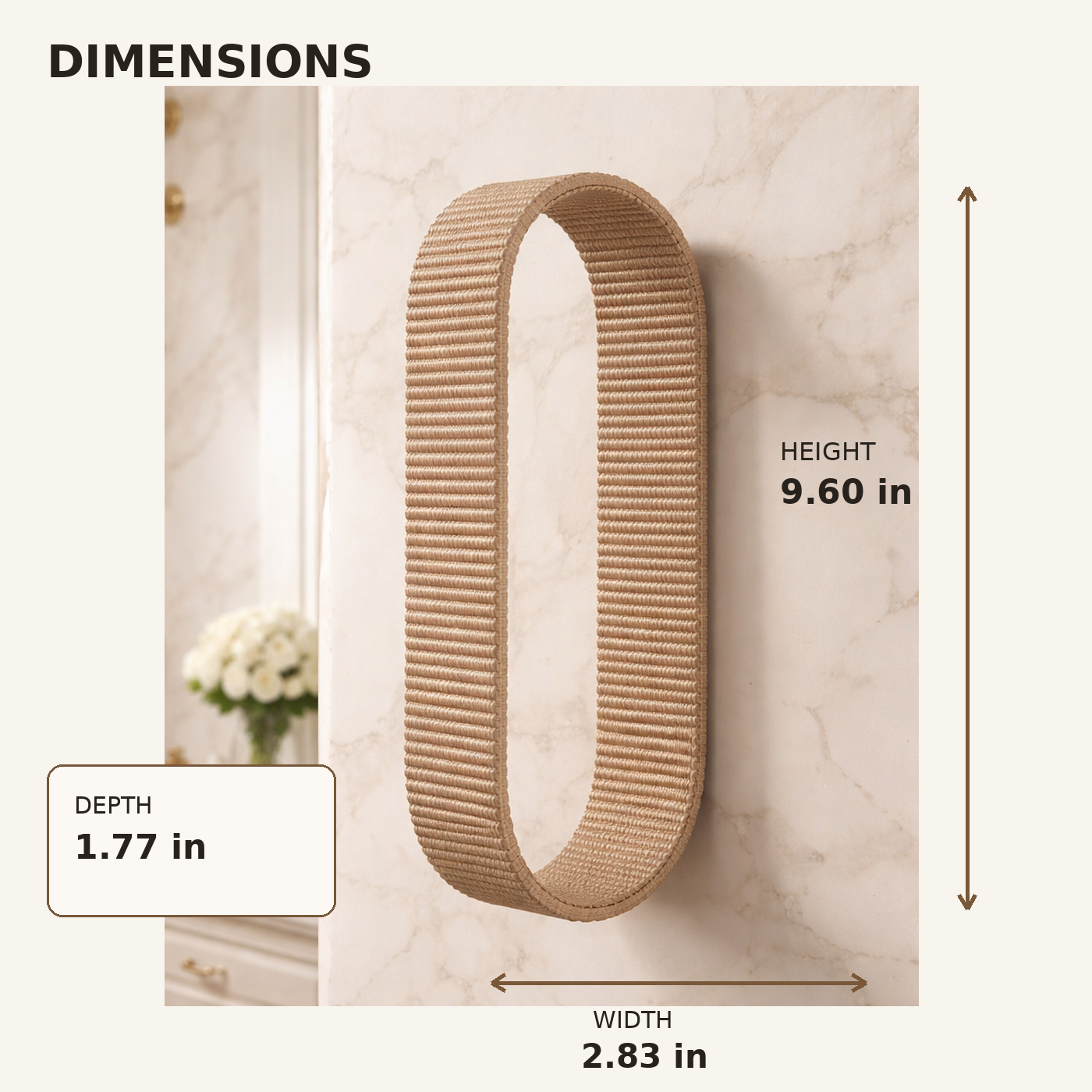 A wall-mounted oval cat scratcher made of tan sisal rope is shown on a light marble wall with dimension callouts indicating height 9.60 in, width 2.