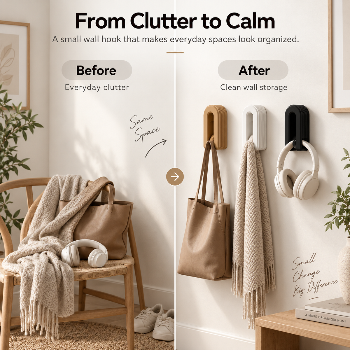 A before-and-after promotional graphic for wall hooks. The left side shows a cozy room scene with a chair, blanket, tote bag, scarf, shoes, and headphones on a chair, labeled 'Before' for everyday clutter.