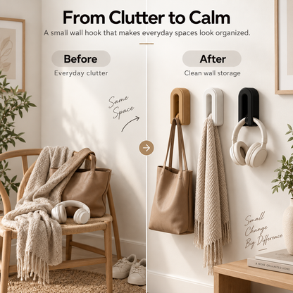 A before-and-after promotional graphic for wall hooks. The left side shows a cozy room scene with a chair, blanket, tote bag, scarf, shoes, and headphones on a chair, labeled 'Before' for everyday clutter.