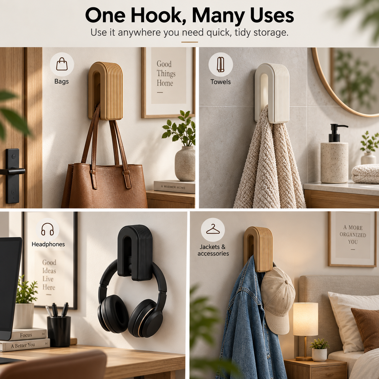 A four-panel promotional collage showing a wall-mounted hook product in different home settings, labeled for use with bags, towels, headphones, and jackets/accessories. The top text reads 'One Hook, Many Uses' and 'Use it anywhere you need quick, tidy storage.