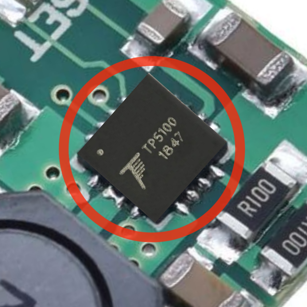 Close-up of a circuit board with a TP5100 chip circled in red.