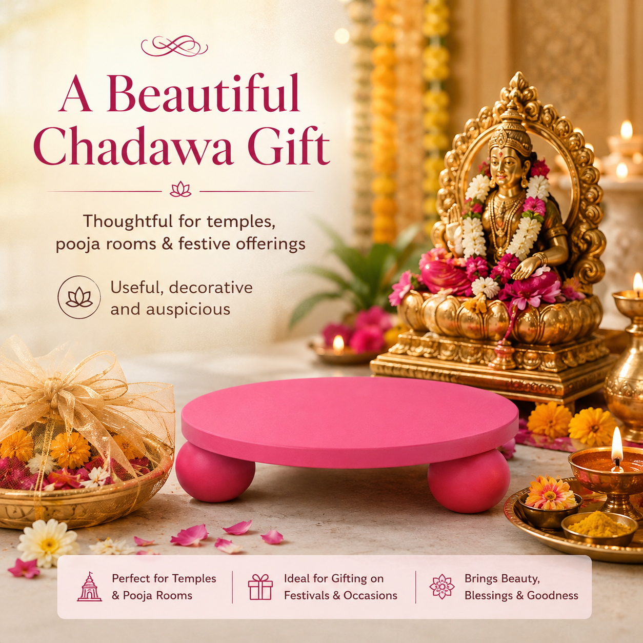 A pink wooden chadava (devotional platform) displayed in a beautifully decorated Indian temple setting with a golden Lord Ganesha idol, lit oil lamps, and floral garlands. The image includes promotional text highlighting its suitability for temples, pooja rooms, and festive occasions.