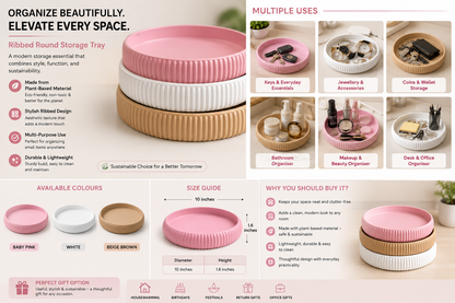 A promotional infographic for a ribbed round storage tray, showing the product in pink and beige colors, its multiple uses, available colors, dimensions, and benefits. The layout is clean and informative with multiple panels and illustrations.