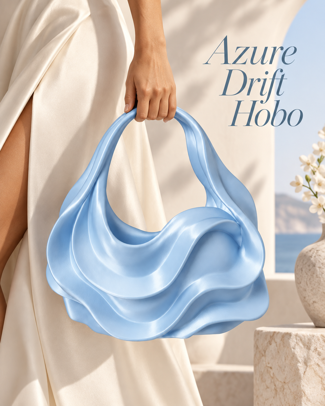 A light blue draped hobo handbag held by a person wearing a cream draped dress, with the text 'Azure Drift Hobo' in the upper right.