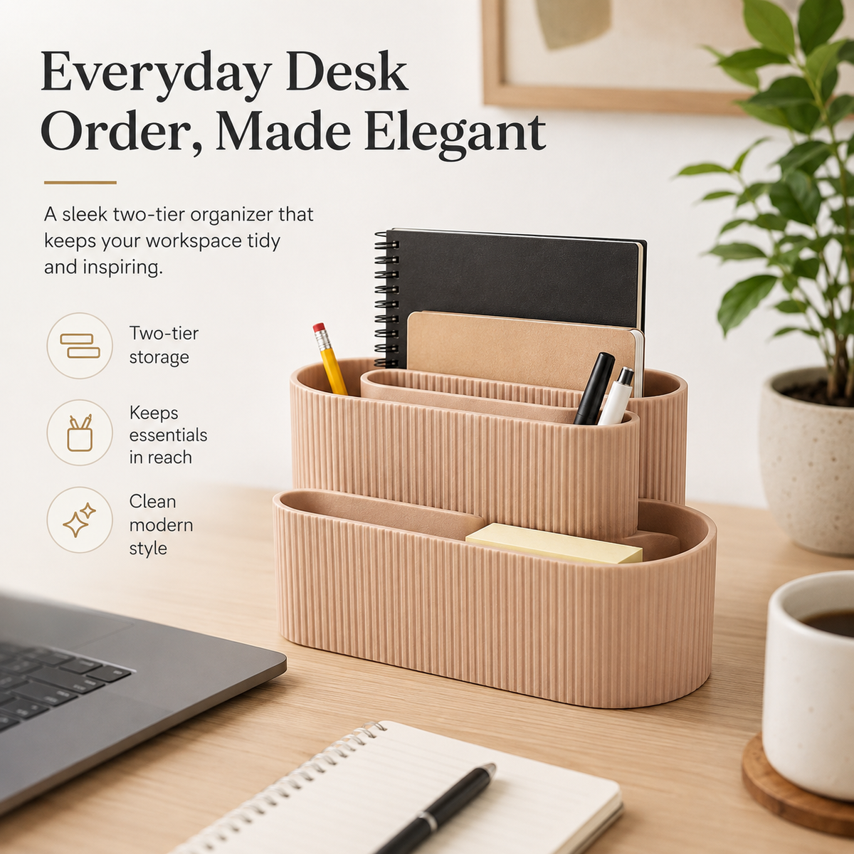 A beige two-tier desk organizer with a ribbed texture, styled on a wooden desk with a laptop, notebook, pens, sticky notes, and a potted plant in the background.