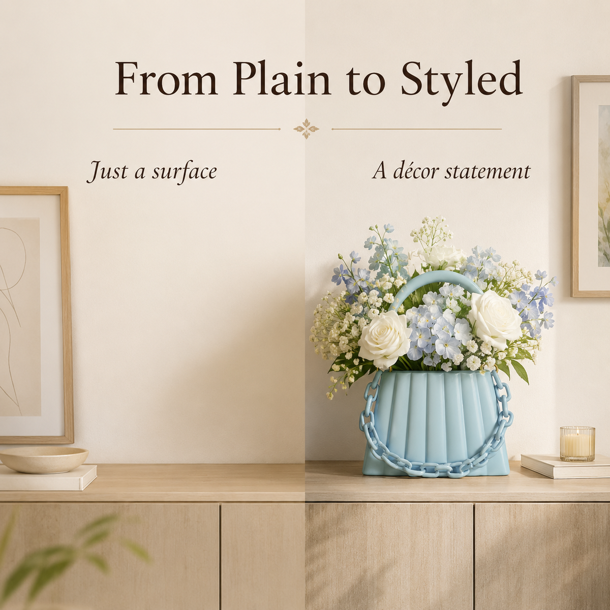 A styled interior scene with a light blue ribbed flower basket vase holding a bouquet of white and pale blue flowers, placed on a wooden cabinet against a cream wall. Framed art and a candle are visible in the background, with decorative text above reading 'From Plain to Styled' and smaller phrases 'Just a surface' and 'A décor statement'.