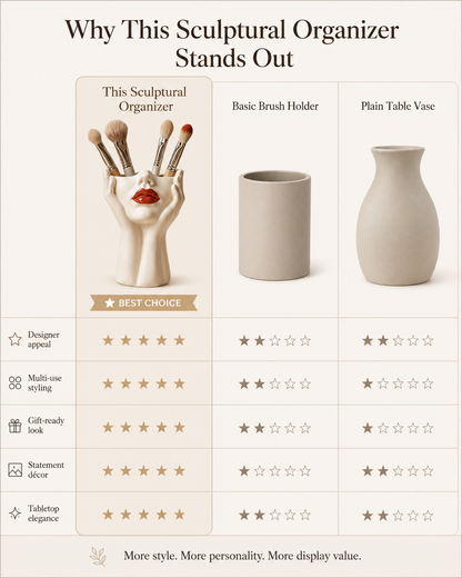 A promotional comparison graphic for a sculptural makeup brush holder shaped like a female face holding brushes. The image includes the text 'Why This Sculptural Organizer Stands Out' and a feature comparison table with ratings for designer appeal, multi-use styling, gift-ready look, statement decor, and tabletop elegance, alongside smaller product renderings of the brush holder, a basic brush holder, and a plain table vase.