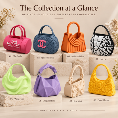 A promotional collage showing eight colorful handbags arranged on stone blocks with labels beneath each bag. The bags include different designs and colors: pink cylindrical bag, blue quilted bag with a pink logo, orange sculptural bag, black-and-white geometric bag, neon green bag, purple origami-style bag, beige bow mini bag, and yellow floral bag.