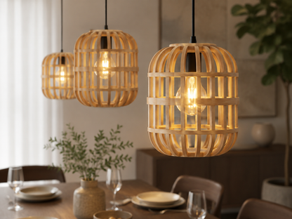 Three wooden pendant lights hanging above a dining table with a warm glow.