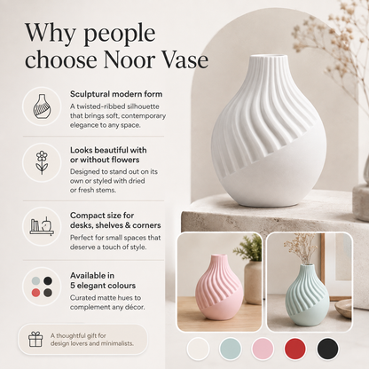 Promotional graphic for the Noor Vase, showing a large white ribbed vase on a stone pedestal and smaller pink and mint versions in the bottom right. Text on the left explains benefits like sculptural form, styling with or without flowers, compact size, and available colors.