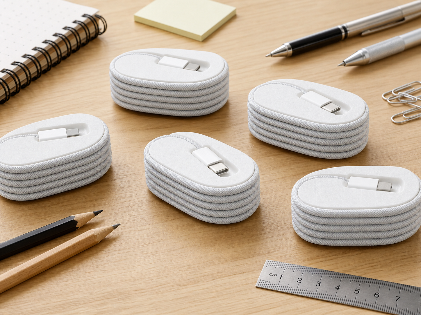 White USB-C charging cable holder for cable management, wire storage and tangle-free travel use