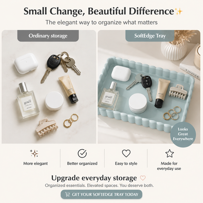 A promotional comparison graphic for a SoftEdge tray. The left panel shows everyday items like keys, a perfume bottle, and cosmetics arranged on a light surface under the label 'Ordinary storage.