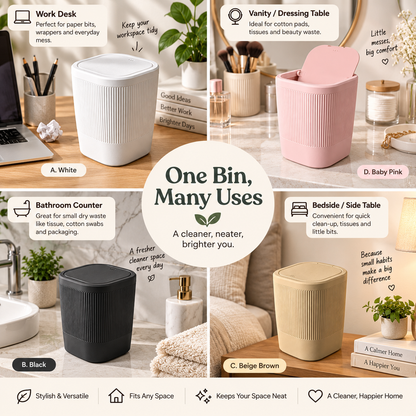 A promotional collage showing six ribbed one-bin trash cans in different colors: white, black, gray, beige brown, and baby pink, each placed in a home setting. The center text reads 'One Bin, Many Uses' with a green leaf icon above it.