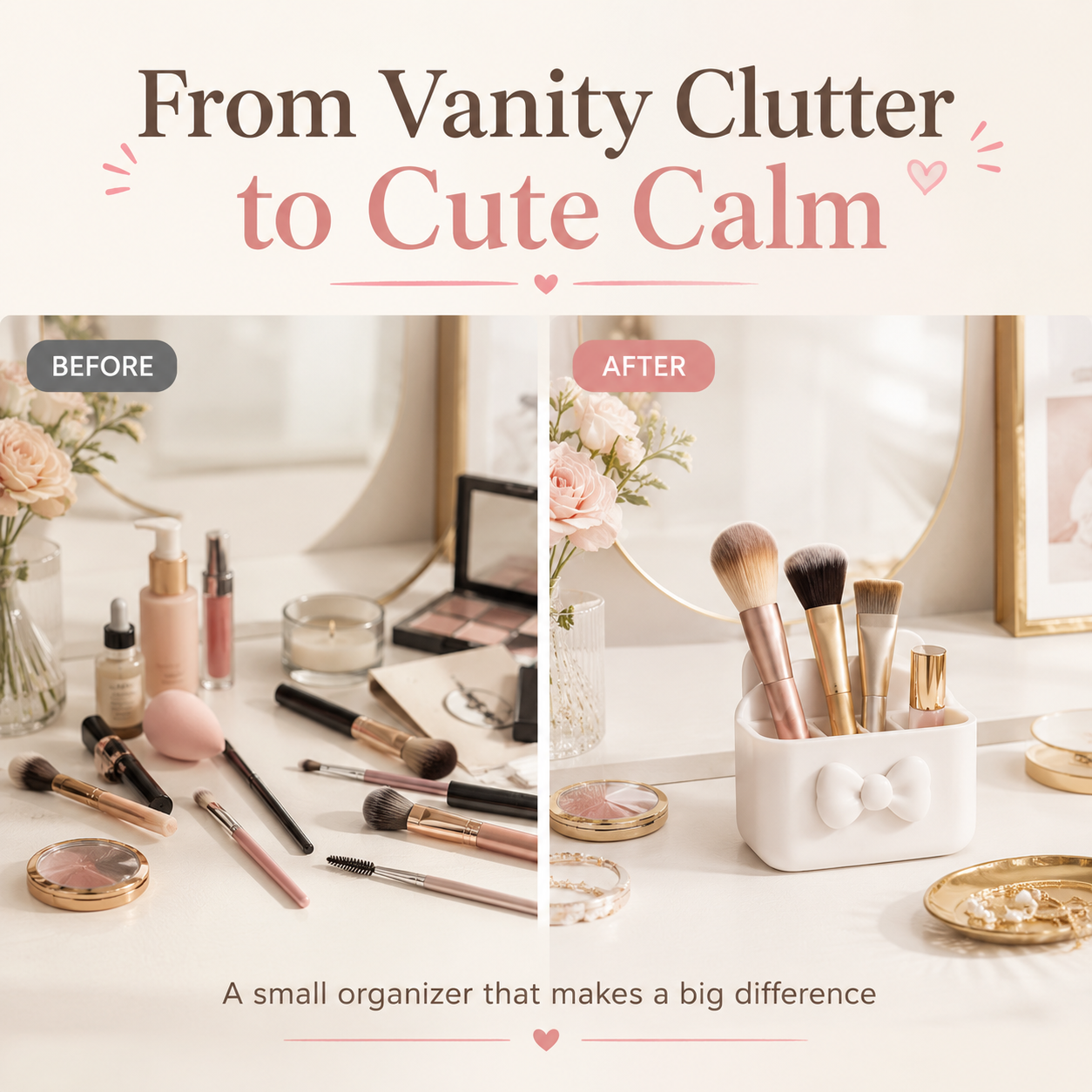 Before and after comparison graphic showing a vanity makeup organizer. The left 'Before' side displays a cluttered vanity table with various makeup items, brushes, and cosmetics.