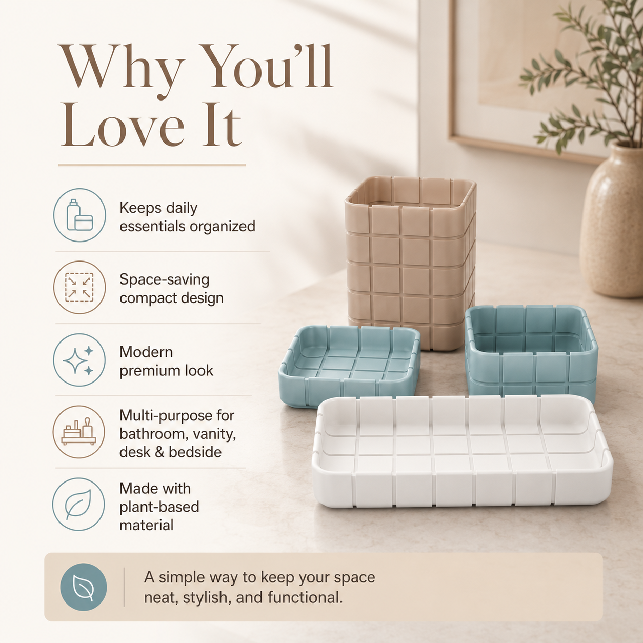 A set of five plant-based storage containers in a grid pattern, shown in beige, light blue, and white on a light marble surface. The image includes marketing text on the left highlighting features like space-saving compact design and multi-purpose use for bathroom, vanity, desk, and bedside storage.