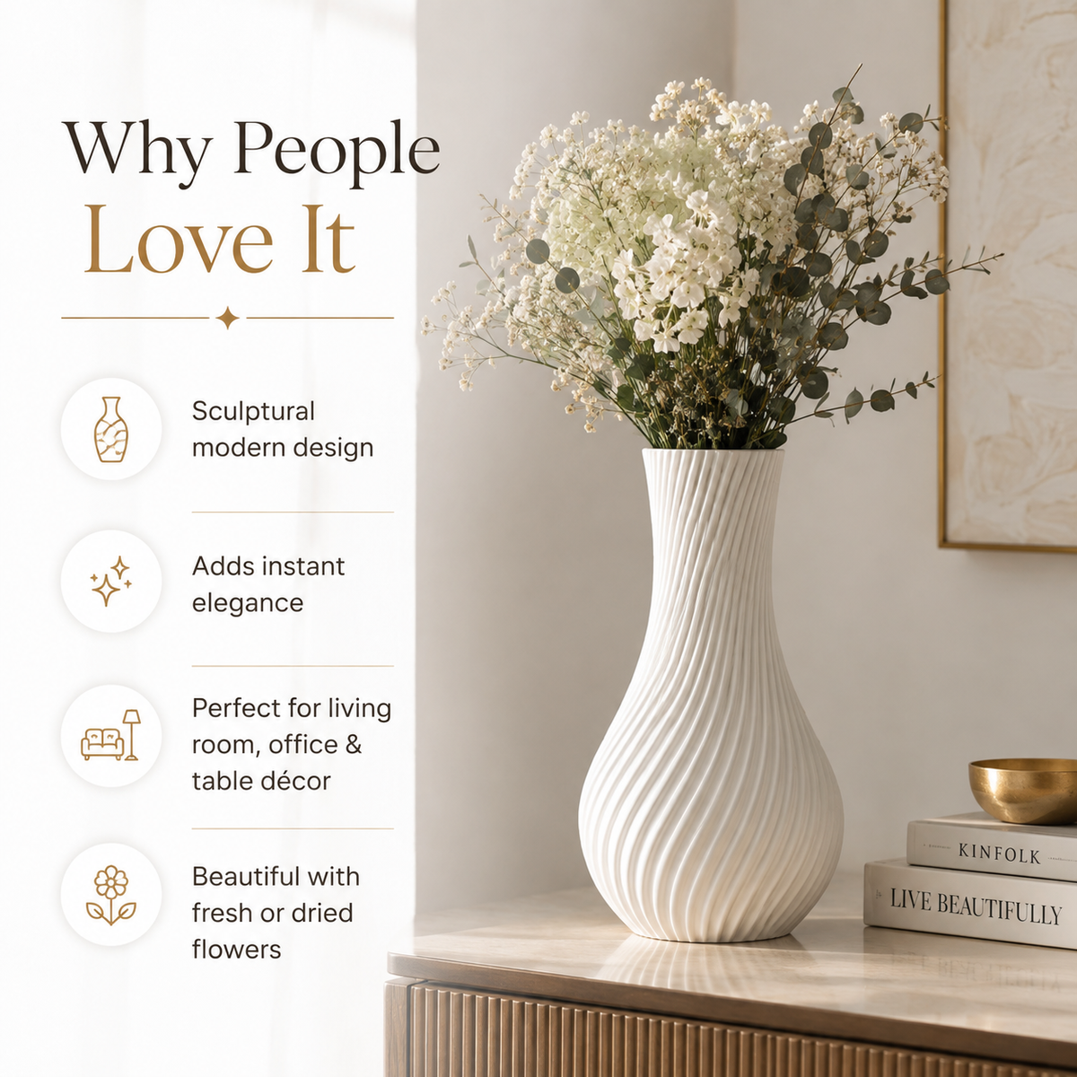 A tall white ribbed ceramic vase filled with white dried flowers, displayed on a wooden cabinet in a styled interior setting. The left side features marketing text reading 'Why People Love It' with bullet points about sculptural modern design, instant elegance, suitability for living room/office/table decor, and beautiful presentation with fresh or dried flowers.