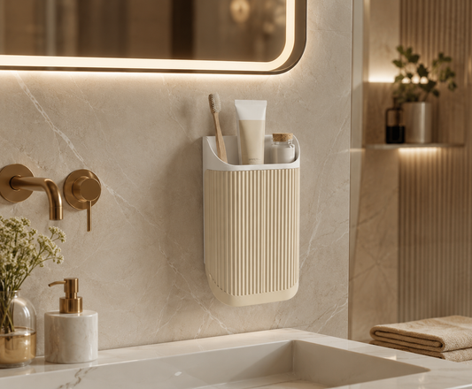 Wall-mounted bathroom organizer with toothbrush holder, top shelf and closed storage compartment