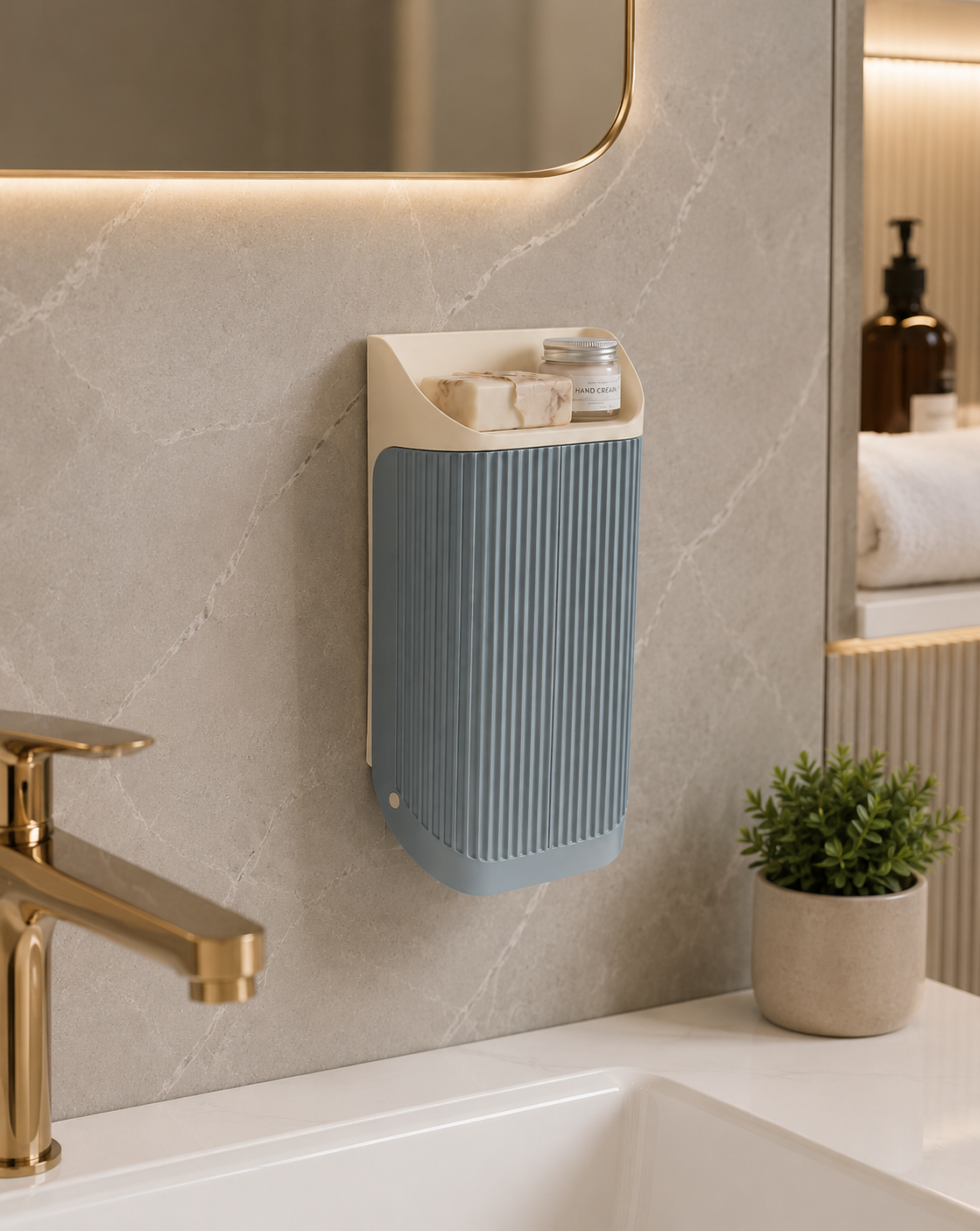 Wall-mounted bathroom organizer dimensions showing width, height and storage depth