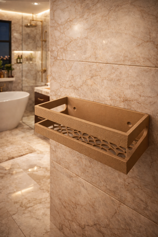 wall mounted bathroom shelf beige brown with drain design for shower storage