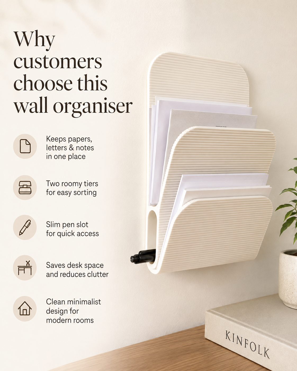 A wall-mounted paper organizer with multiple tiers and a slim pen slot, shown mounted on a beige wall in a styled room scene with text callouts explaining customer benefits.