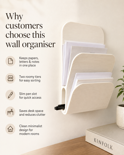 A wall-mounted paper organizer with multiple tiers and a slim pen slot, shown mounted on a beige wall in a styled room scene with text callouts explaining customer benefits.