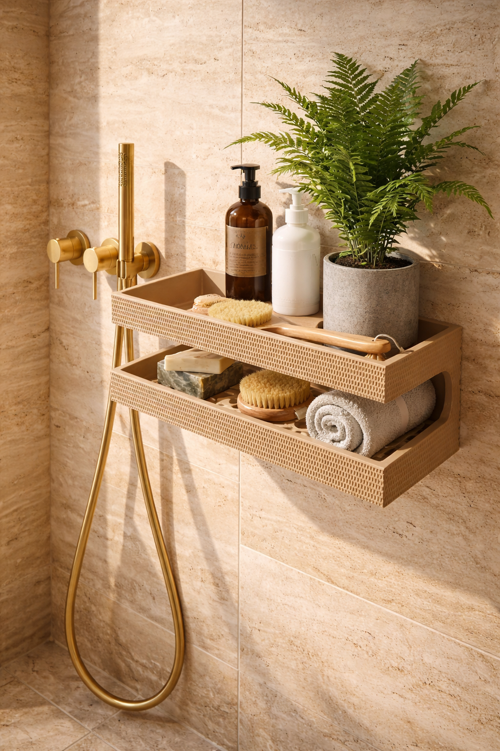 2 tier wall mounted bathroom shelf for shower storage with drainage design
